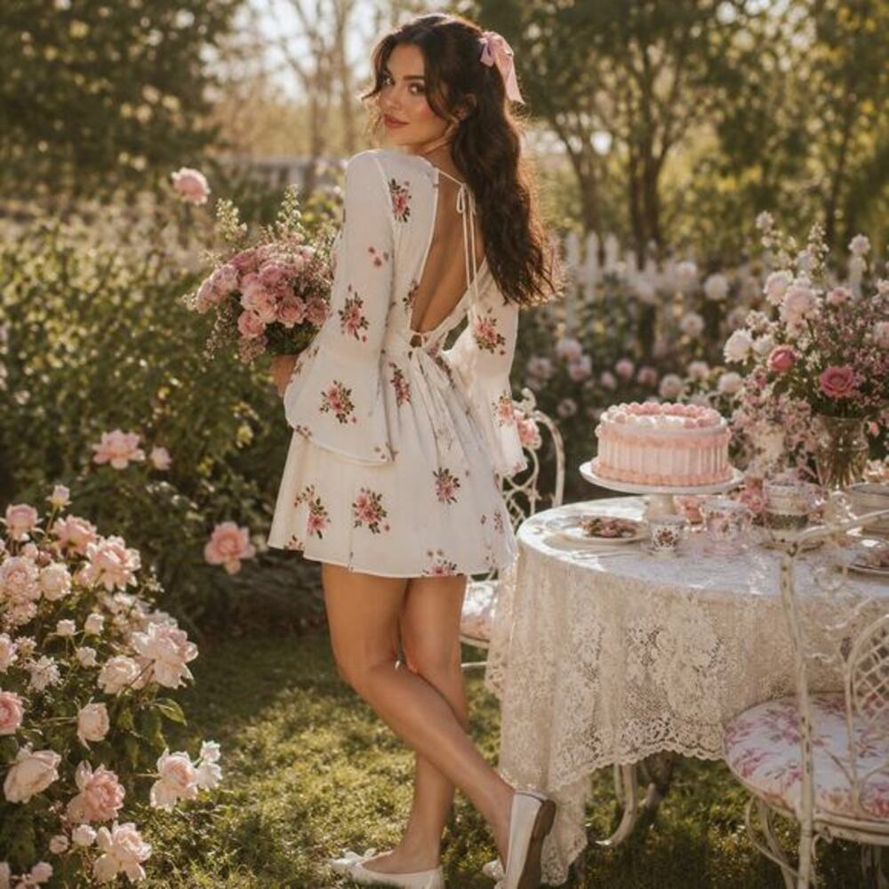 Olivevaceous White Floral Open Back Mini Dress Bell Sleeve Romantic Coquette L